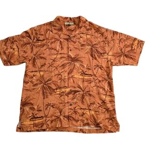 Tommy Bahama Hawaiian Shirt Mens Medium Orange Palm Print Button Up  Short Sleev
